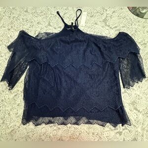 Navy Lace Cold Shoulder Top Sheer Elegant Blouse L NWT $98